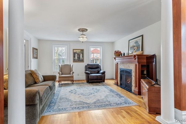 Fireplace, Interior, Living room, Pendant Lights, Wood Texture Flooring
