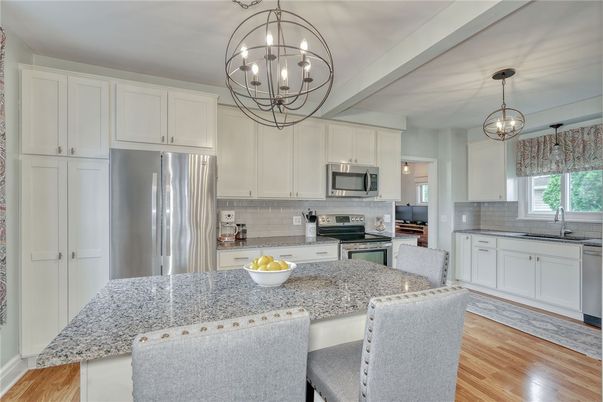 Chandelier, Interior, Kitchen, Pendant Lights, Stainless Steel Appliances, Wood Texture Flooring