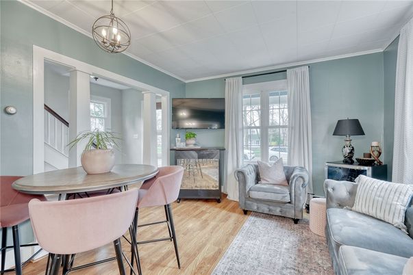 Dining room, Interior, Pendant Lights, Wood Texture Flooring
