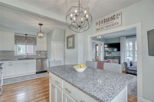 Chandelier, Interior, Kitchen, Pendant Lights, Stainless Steel Appliances, Wood Texture Flooring