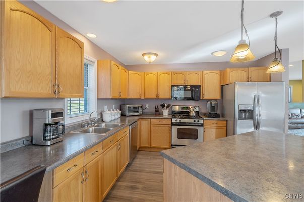 Interior, Kitchen, Pendant Lights, Recessed Lighting, Stainless Steel Appliances, Wood Texture Flooring