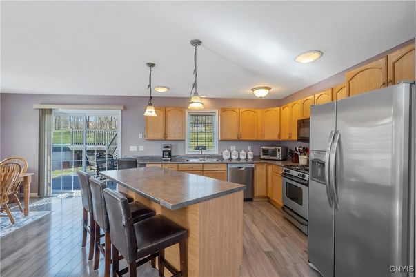 Interior, Kitchen, Pendant Lights, Stainless Steel Appliances, Wood Texture Flooring