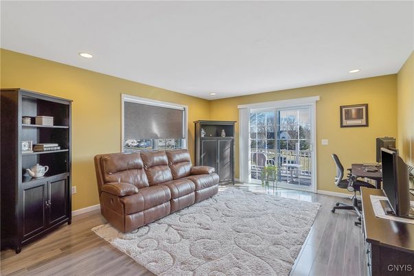 Fireplace, Home Office, Interior, Recessed Lighting, Wood Texture Flooring