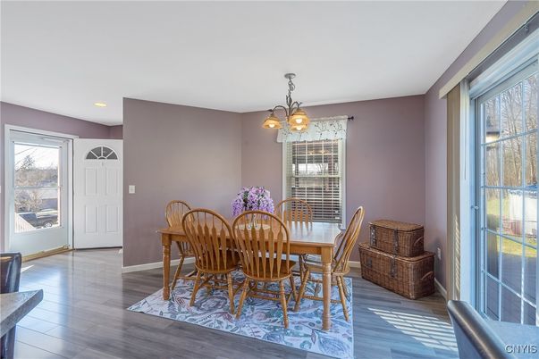 Dining room, Interior, Pendant Lights, Recessed Lighting, Wood Texture Flooring