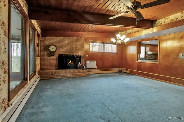 Chandelier, Empty room, Fireplace, Interior, Stone Walls, Wooden Beams, Wooden Ceilings, Wooden Walls