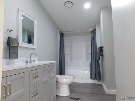 Bathroom, Interior, Recessed Lighting, Wood Texture Flooring