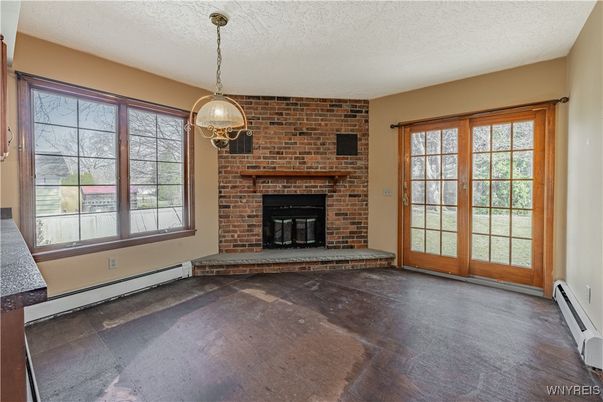 Empty room, Fireplace, Interior, Pendant Lights, Stone Walls