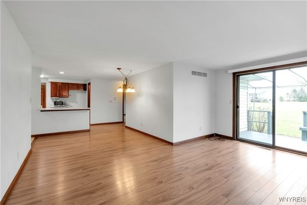 Empty room, Interior, Kitchen, Pendant Lights, Recessed Lighting, Wood Texture Flooring
