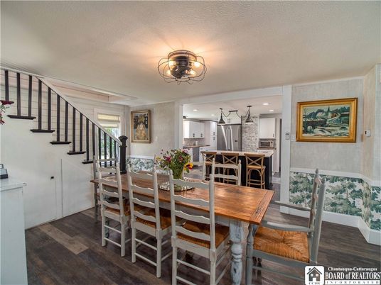 Dining room, Interior, Kitchen, Recessed Lighting, Stainless Steel Appliances, Wood Texture Flooring