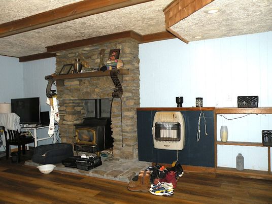 Fireplace, Interior, Recessed Lighting, Stone Walls, Wood Texture Flooring