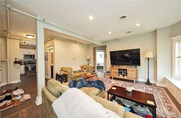 Interior, Kitchen, Living room, Recessed Lighting, Stainless Steel Appliances, Wood Texture Flooring