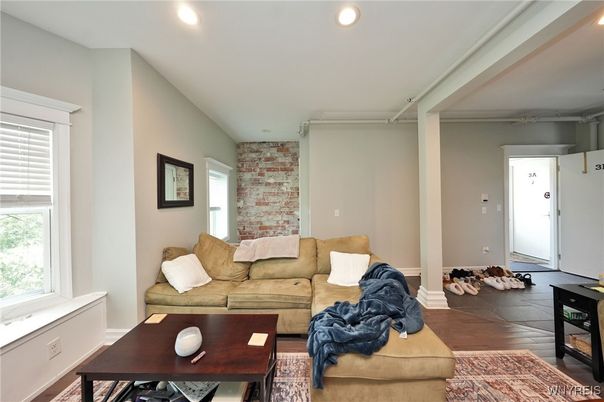 Interior, Living room, Recessed Lighting, Stone Walls, Wood Texture Flooring