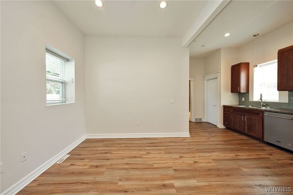 Empty room, Interior, Kitchen, Recessed Lighting, Wood Texture Flooring