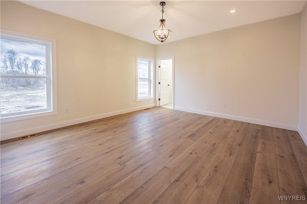 Chandelier, Empty room, Interior, Recessed Lighting, Wood Texture Flooring