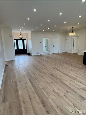 Chandelier, Empty room, Interior, Recessed Lighting, Wood Texture Flooring