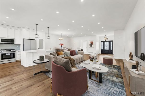 Dining room, Interior, Kitchen, Living room, Pendant Lights, Recessed Lighting, Stainless Steel Appliances, Wood Texture Flooring
