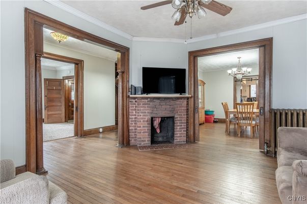 Chandelier, Dining room, Fireplace, Interior, Wood Texture Flooring