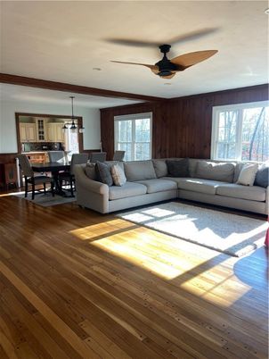Dining room, Interior, Living room, Pendant Lights, Wood Texture Flooring, Wooden Walls