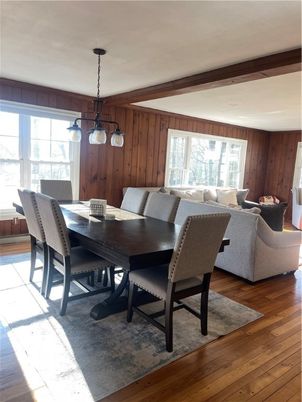 Dining room, Interior, Living room, Pendant Lights, Wood Texture Flooring, Wooden Walls