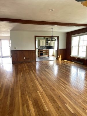 Empty room, Interior, Kitchen, Pendant Lights, Recessed Lighting, Wood Texture Flooring