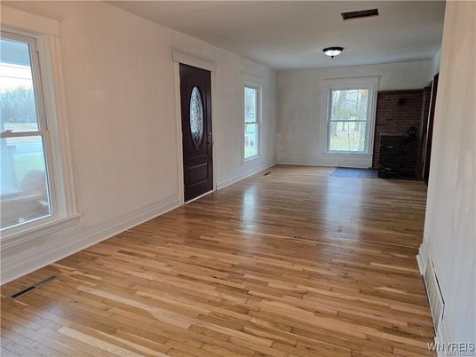 Empty room, Fireplace, Interior, Stone Walls, Wood Texture Flooring