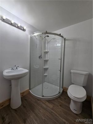 Bathroom, Glass Shower, Interior, Wood Texture Flooring