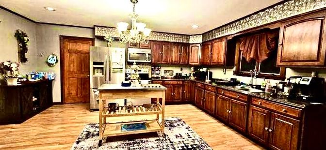 Chandelier, Interior, Kitchen, Recessed Lighting, Stainless Steel Appliances, Wood Texture Flooring