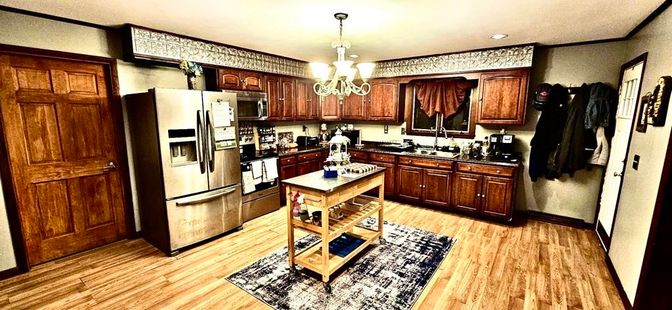 Chandelier, Interior, Kitchen, Recessed Lighting, Wood Texture Flooring