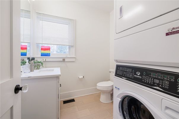 Bathroom, Interior, Washer, Wood Texture Flooring