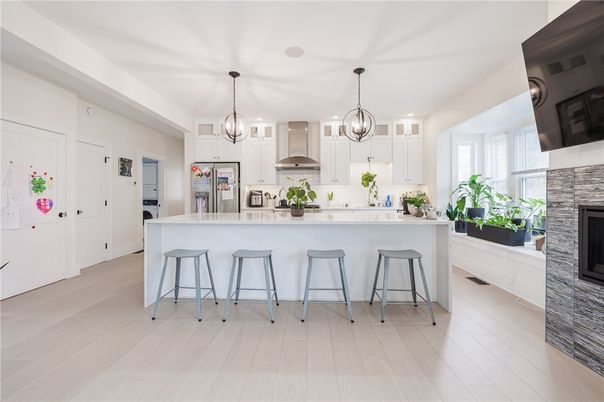 Fireplace, Interior, Kitchen, Pendant Lights, Recessed Lighting, Stainless Steel Appliances, Wood Texture Flooring