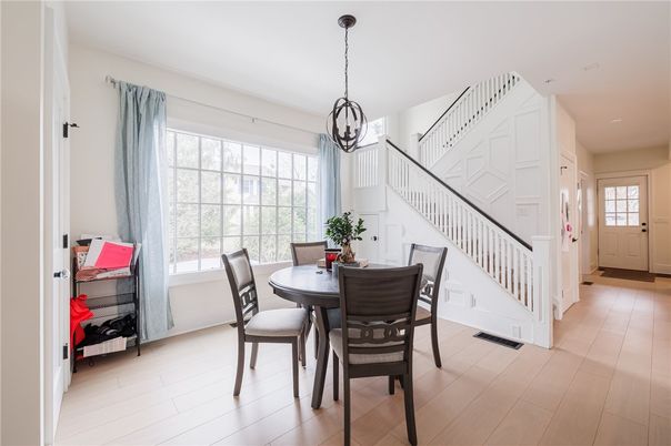 Dining room, Interior, Pendant Lights, Recessed Lighting, Wood Texture Flooring