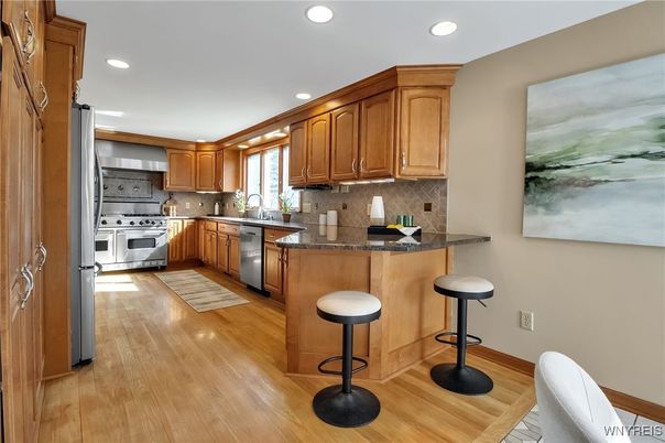 Interior, Kitchen, Recessed Lighting, Stainless Steel Appliances, Wood Texture Flooring