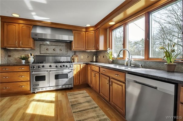 Interior, Kitchen, Recessed Lighting, Stainless Steel Appliances, Wood Texture Flooring