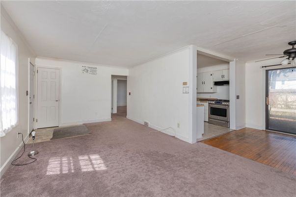 Empty room, Interior, Kitchen, Stainless Steel Appliances, Wood Texture Flooring
