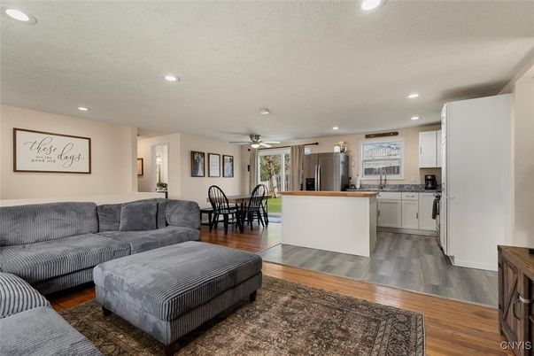 Dining room, Interior, Kitchen, Living room, Recessed Lighting, Wood Texture Flooring