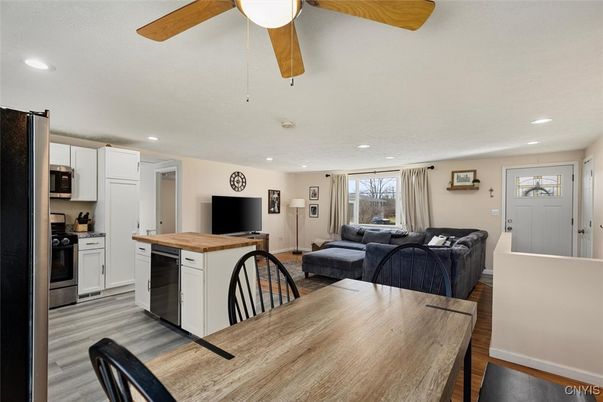 Interior, Kitchen, Living room, Recessed Lighting, Wood Texture Flooring