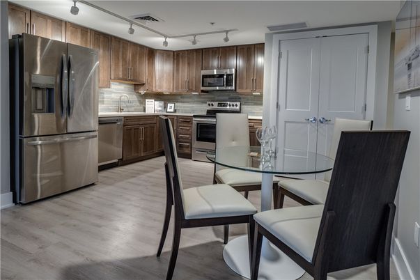 Dining room, Interior, Kitchen, Stainless Steel Appliances, Wood Texture Flooring