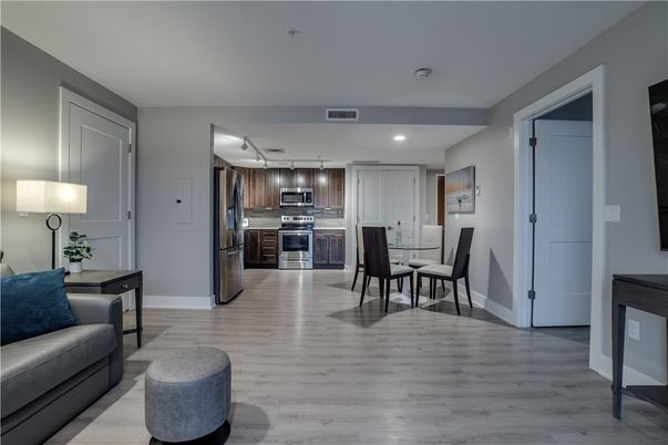 Dining room, Interior, Kitchen, Recessed Lighting, Stainless Steel Appliances, Wood Texture Flooring