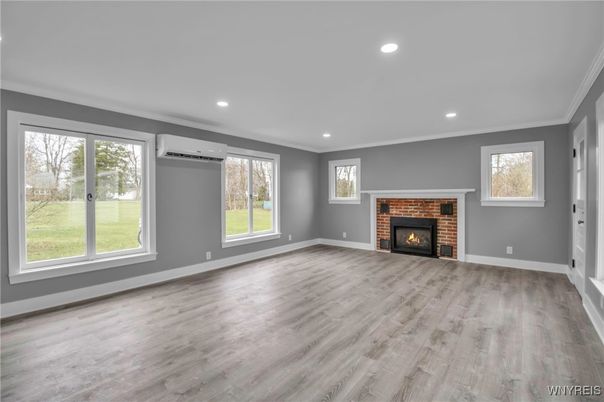 Empty room, Fireplace, Interior, Recessed Lighting, Wood Texture Flooring