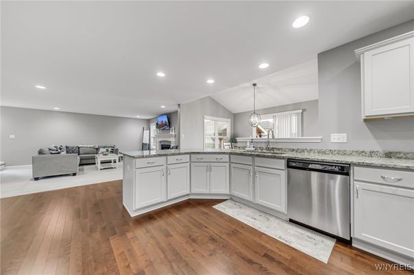 Interior, Kitchen, Living room, Pendant Lights, Recessed Lighting, Stainless Steel Appliances, Wood Texture Flooring