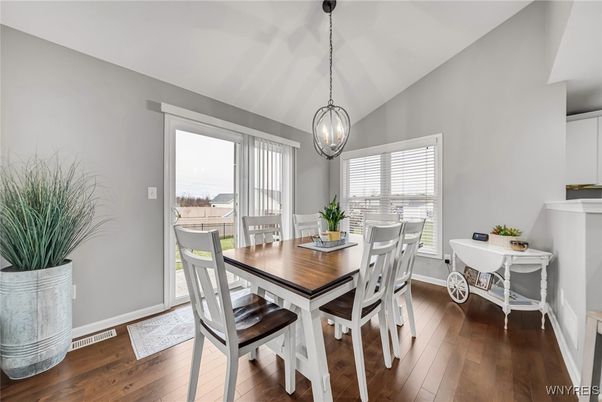 Dining room, Interior, Pendant Lights, Wood Texture Flooring