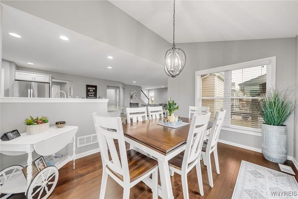 Dining room, Interior, Pendant Lights, Recessed Lighting, Wood Texture Flooring