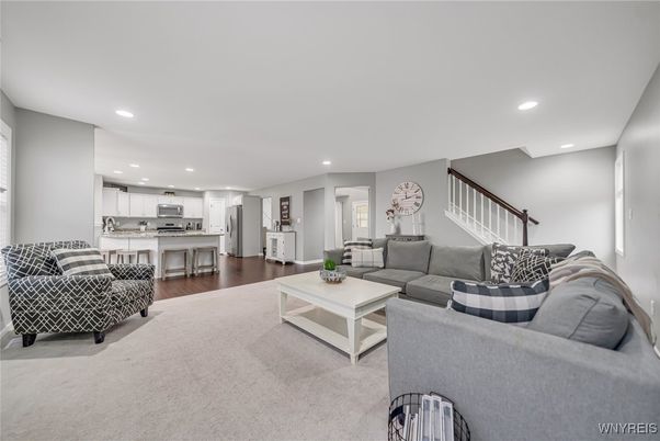 Interior, Kitchen, Living room, Recessed Lighting, Stainless Steel Appliances, Wood Texture Flooring