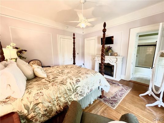Bedroom, Fireplace, Interior, Wood Texture Flooring