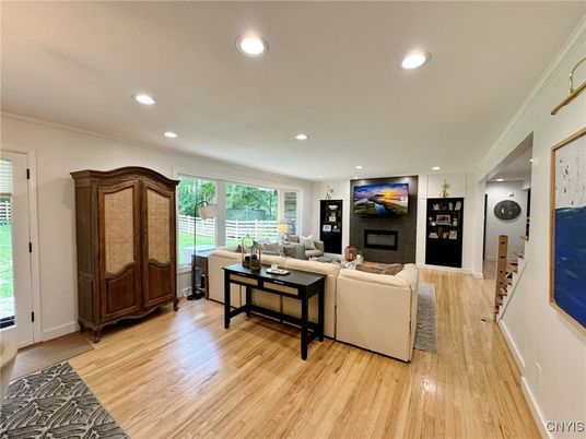 Fireplace, Interior, Living room, Recessed Lighting, Wood Texture Flooring