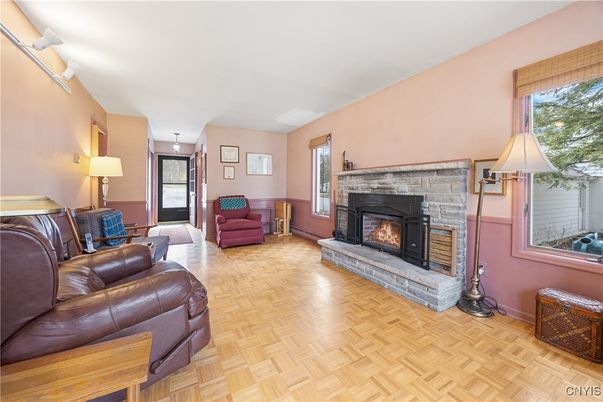 Fireplace, Interior, Living room, Pendant Lights, Wood Texture Flooring