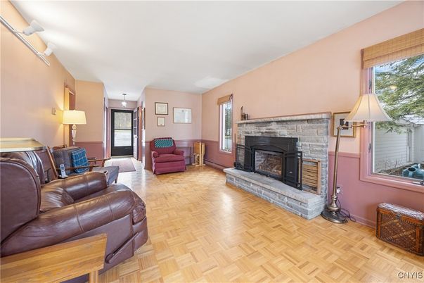 Fireplace, Interior, Living room, Pendant Lights, Wood Texture Flooring