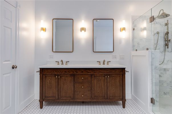 Bathroom, Dual Sink Vanities, Glass Shower, Interior, Marble Walls