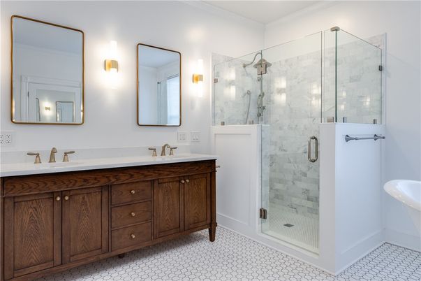 Bathroom, Dual Sink Vanities, Glass Shower, Interior, Marble Walls