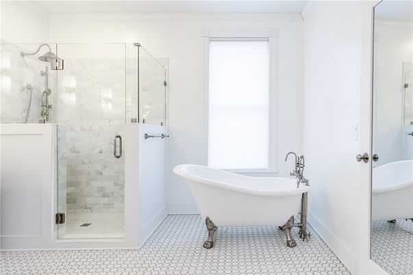 Bathroom, Free Standing Baths, Glass Shower, Interior, Marble Walls